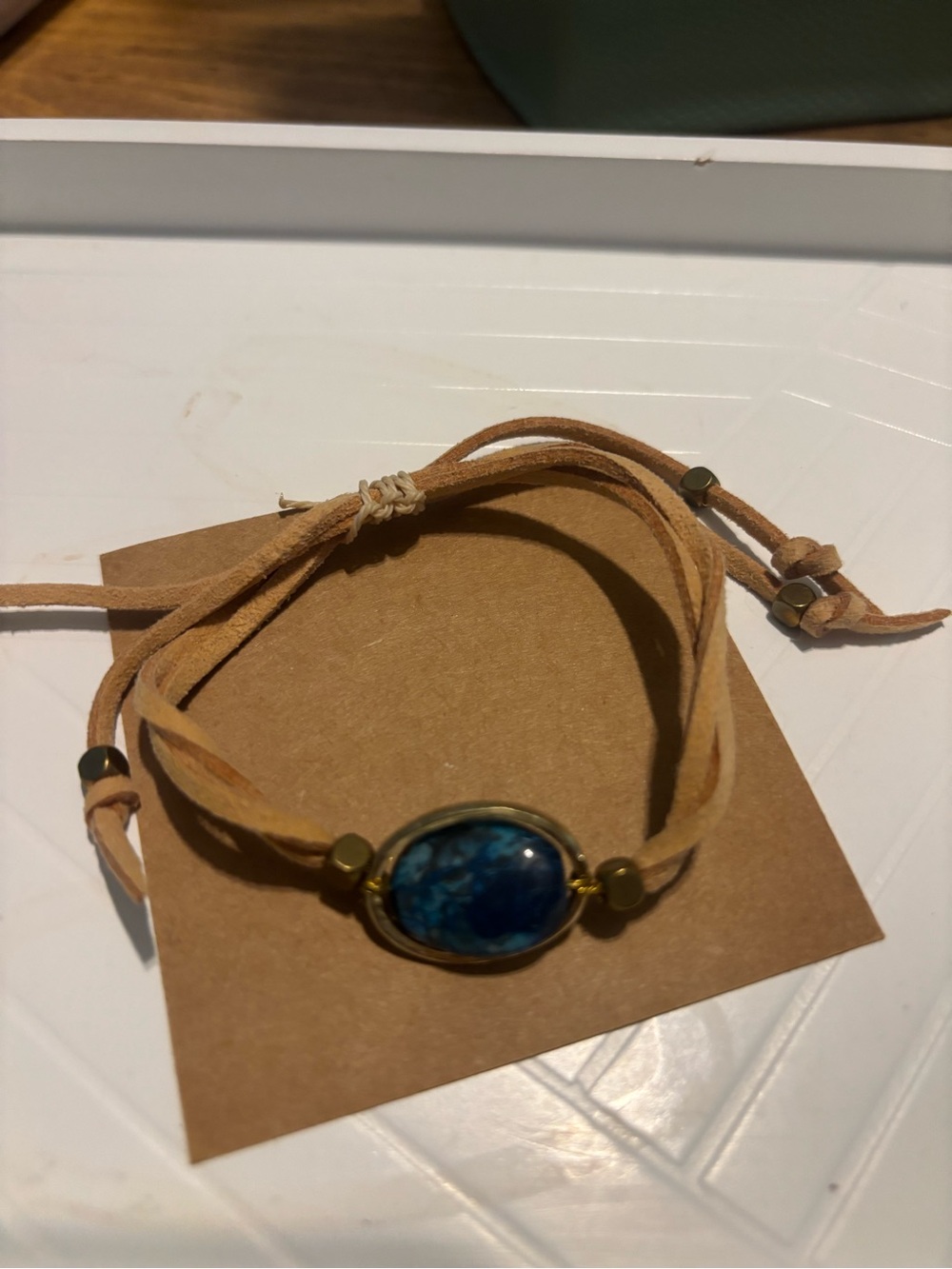 Adjustable Tan Suede Bracelet with Blue Stone Accent